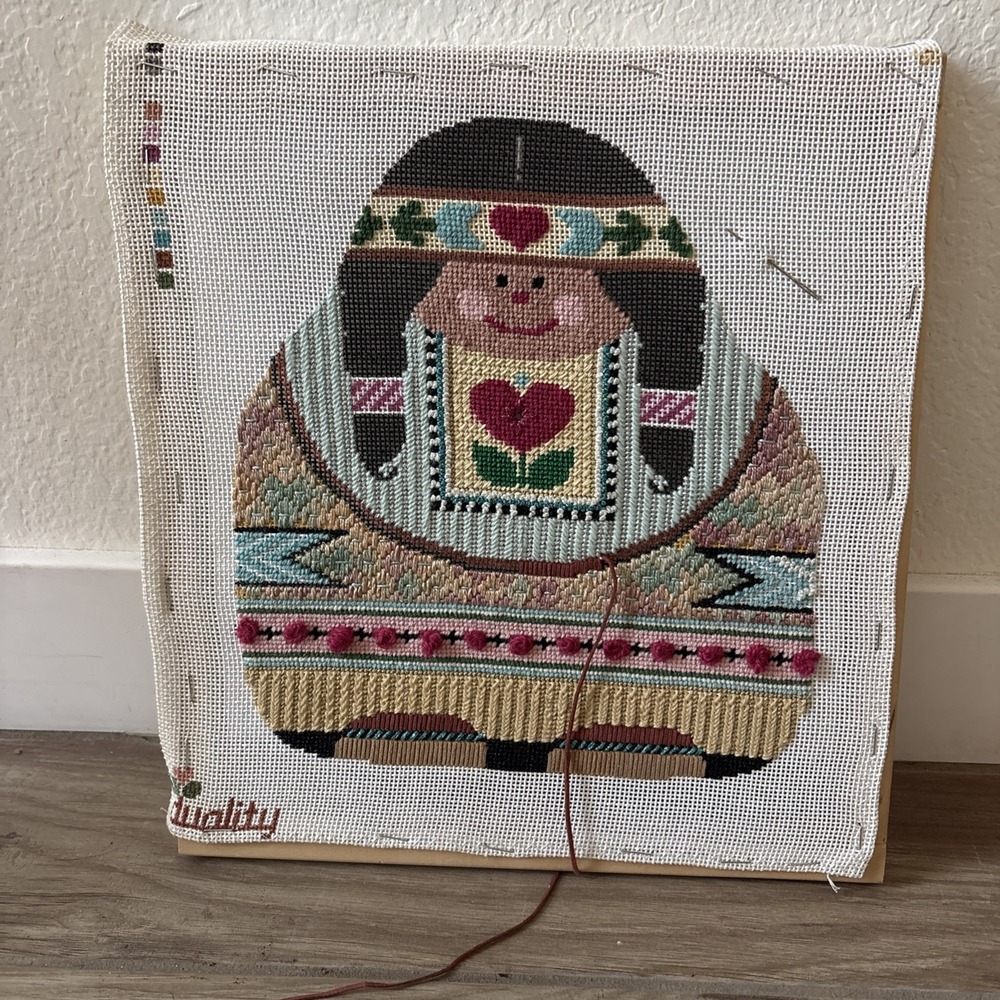 Native American‎ Girl Needlepoint Duality In Frame Partially Completed